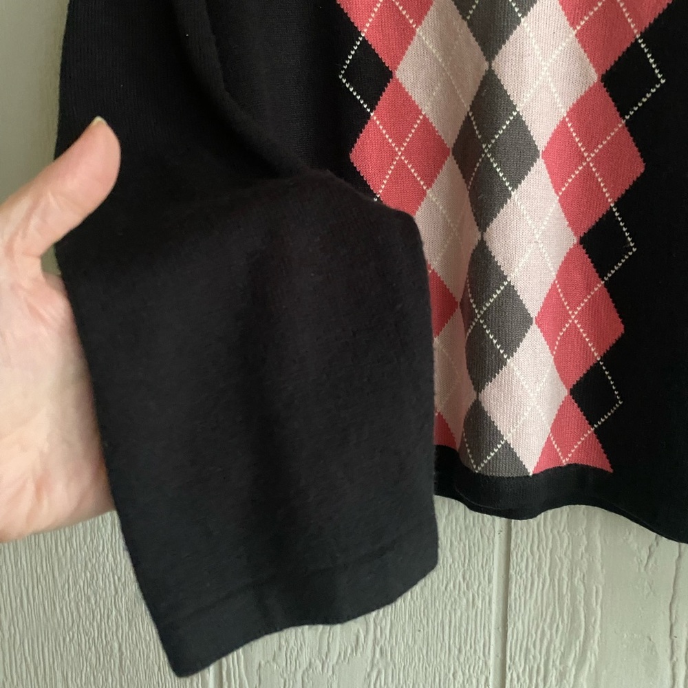 Y2K Argyle Black Pink V-Neck Sweater Barbiecore Schoolgirl Preppy Academia Sz PL - Picture 2 of 8